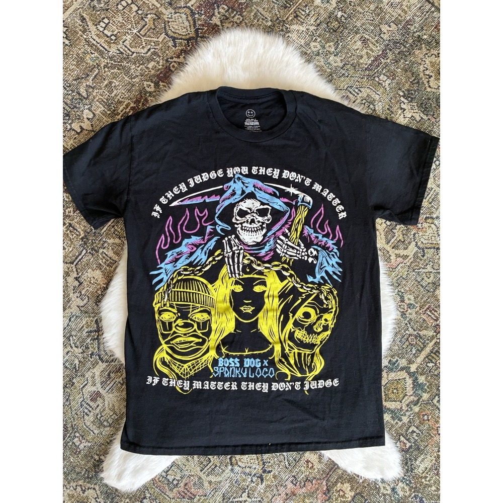 Boss Dog x Spanky Loco Black Graphic T-Shirt Grim Reaper‎ Skull Mens Medium